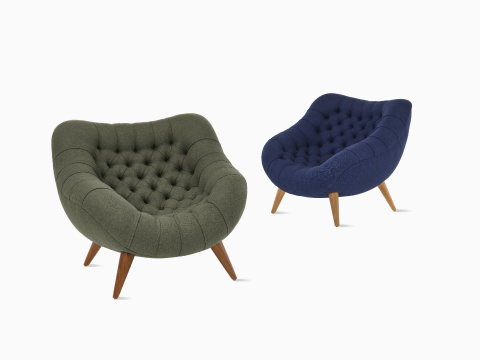 Rohde Easy Chairs in green and blue from a front-angle view.