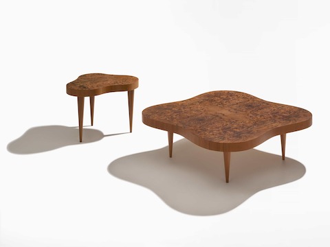 A front view of the Rohde coffee table and side table in walnut burl. 