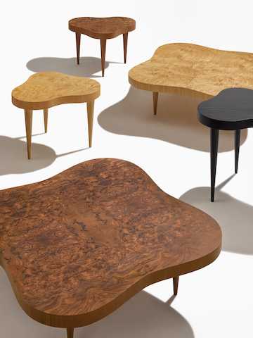 An overhead view of Rohde Paldao coffee and side tables in walnut burl, oak burl, and ebony.