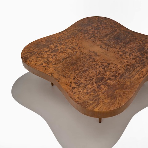 A top view of a Rohde Paldao coffee table in walnut burl. 