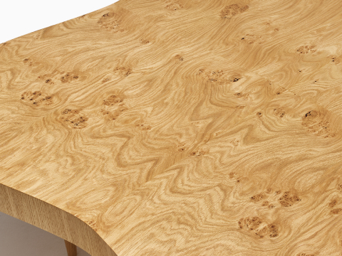 A close-up view of the Rohde Paldao coffee table in oak burl. 