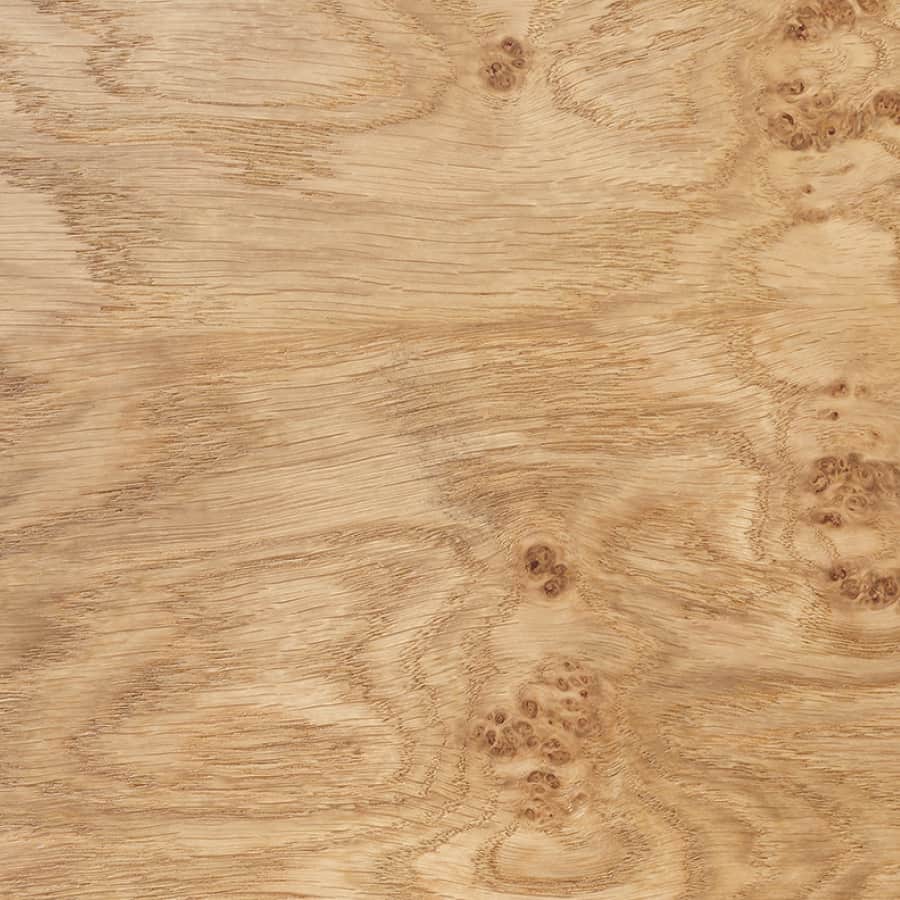 Close-up view of the oak burl finish.