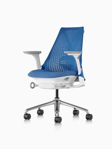 Blue Sayl office chair with a suspension back, viewed from a 45-degree angle.