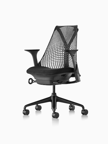 Black Sayl office chair with a suspension back, viewed from a 45-degree angle.