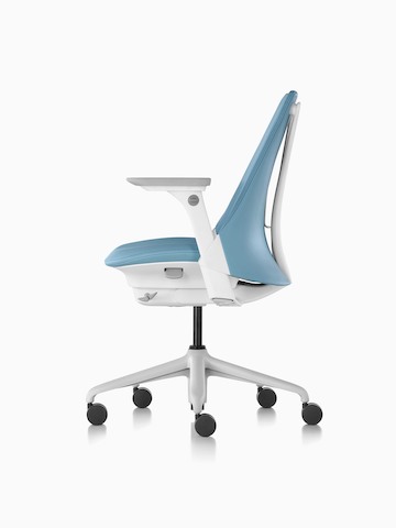 Profile view of a light blue Sayl office chair with an upholstered seat and back.