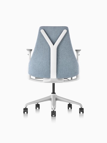 Rear view of a light gray upholstered Sayl office chair, showing back support.