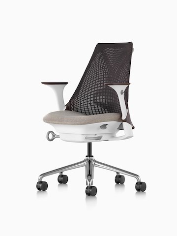 Black Sayl office chair with a suspension back and tan upholstered seat, viewed from a 45-degree angle. 