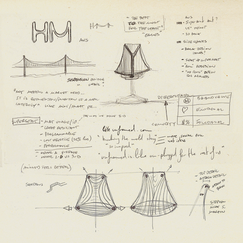 Schetsen van ontwerper Yves Béhar, die laat zien hoe de Golden Gate Bridge de Sayl-bureaustoel en ontlasting inspireerde.