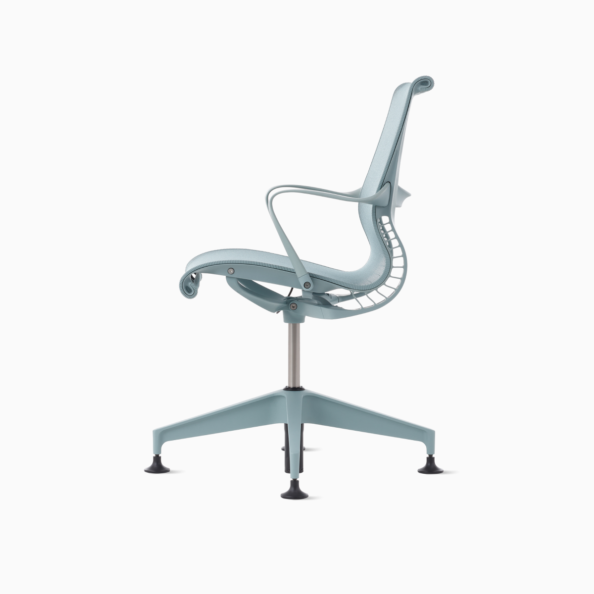 A side view of a Setu Side Chair with fixed arms in light blue.