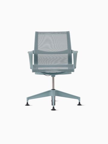 Front view of a Setu Side Chair with fixed arms in light blue.