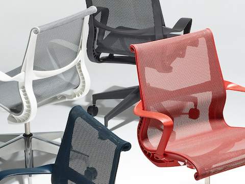 Close-up of Setu chairs in various finishes.