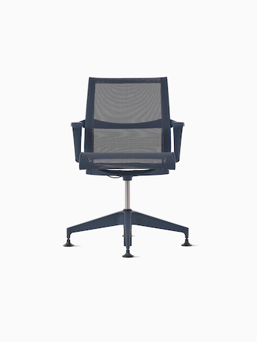 Front view of a Setu Side Chair with fixed arms in dark blue.