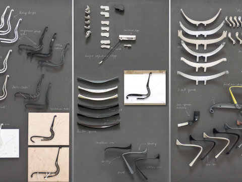 The individual components of a disassembled Setu office chair.