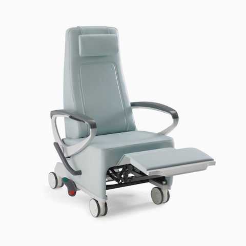 A light blue Ava Recliner with gray urethane arm caps, gray powder-coated aluminum arms, and Arcadeback style headrest.