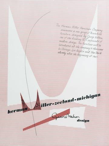 A close-up of a red, black, and white ad featuring Herman Miller's 