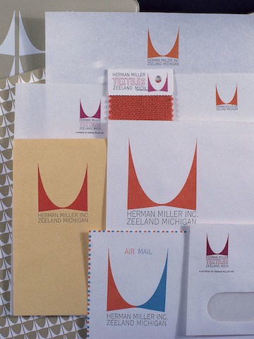 Herman Miller's identity system in 1964 included an iteration of the M symbol, deployed as a pattern—seen in various stationery and envelopes.