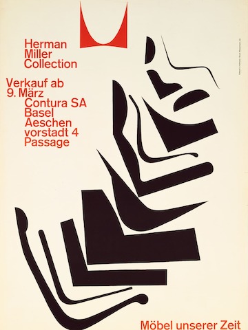 Abstract black shapes cascade in a pattern with red text in both English and German on the left side, with the Herman Miller logo in red at the top.